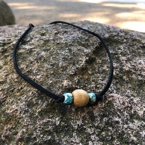 NWOT Minimalist necklace - wood and blue ceramic bead necklace - unisex